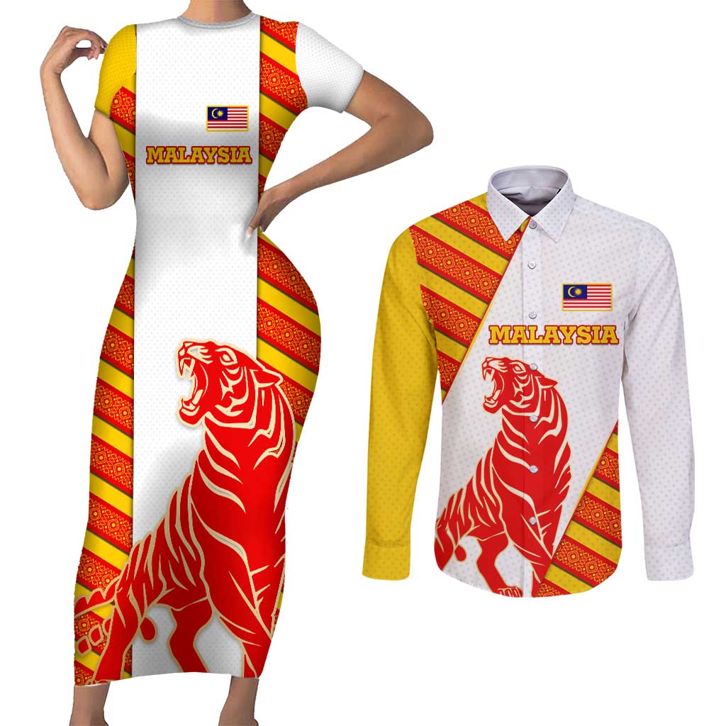 Malaysia National Crest Couples Matching Short Sleeve Bodycon Dress and Long Sleeve Button Shirt with Red Tiger and Traditional Batik Yellow White