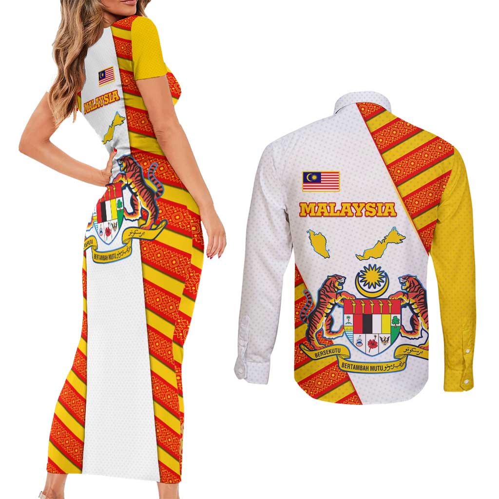 Malaysia National Crest Couples Matching Short Sleeve Bodycon Dress and Long Sleeve Button Shirt with Red Tiger and Traditional Batik Yellow White