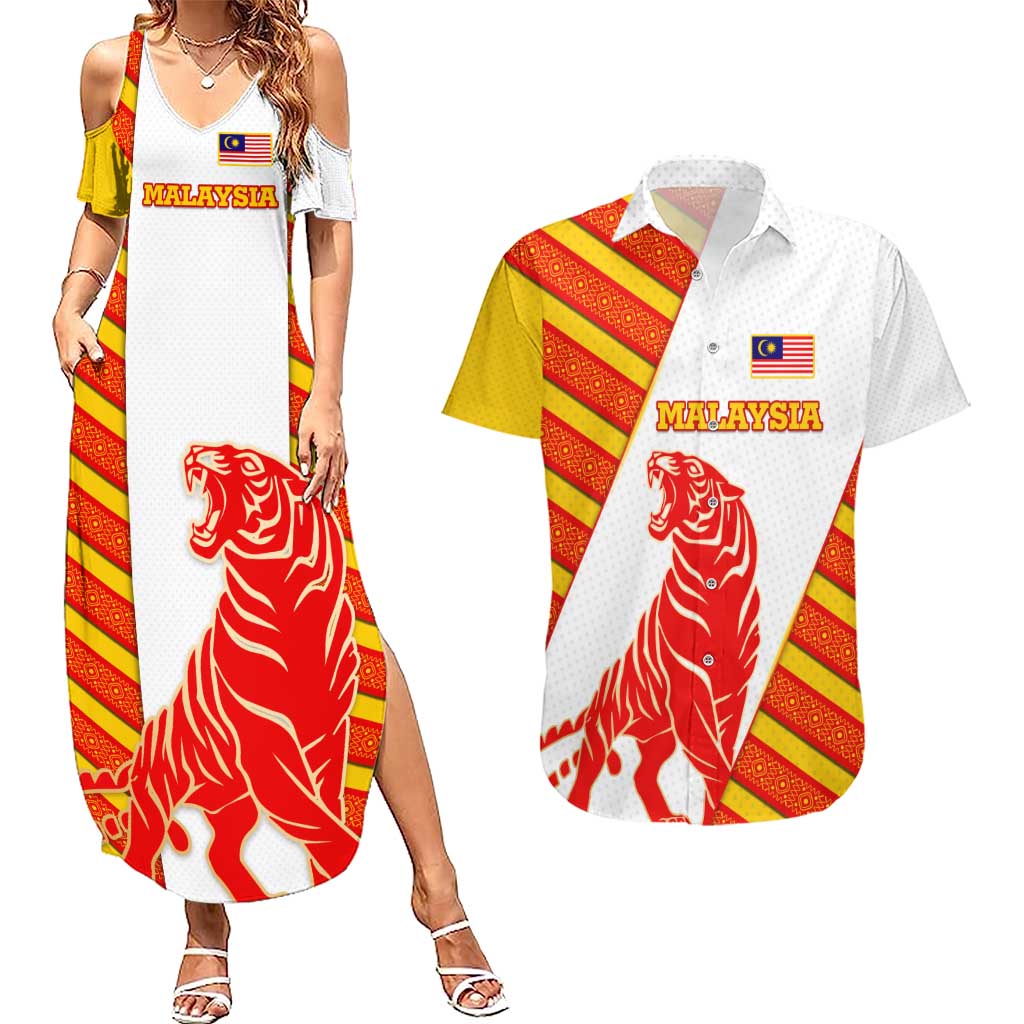 Malaysia National Crest Couples Matching Summer Maxi Dress and Hawaiian Shirt with Red Tiger and Traditional Batik Yellow White