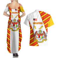 Malaysia National Crest Couples Matching Summer Maxi Dress and Hawaiian Shirt with Red Tiger and Traditional Batik Yellow White