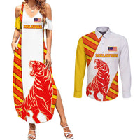 Malaysia National Crest Couples Matching Summer Maxi Dress and Long Sleeve Button Shirt with Red Tiger and Traditional Batik Yellow White