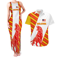 Malaysia National Crest Couples Matching Tank Maxi Dress and Hawaiian Shirt with Red Tiger and Traditional Batik Yellow White
