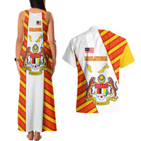 Malaysia National Crest Couples Matching Tank Maxi Dress and Hawaiian Shirt with Red Tiger and Traditional Batik Yellow White