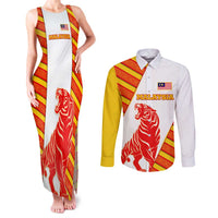 Malaysia National Crest Couples Matching Tank Maxi Dress and Long Sleeve Button Shirt with Red Tiger and Traditional Batik Yellow White