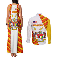 Malaysia National Crest Couples Matching Tank Maxi Dress and Long Sleeve Button Shirt with Red Tiger and Traditional Batik Yellow White