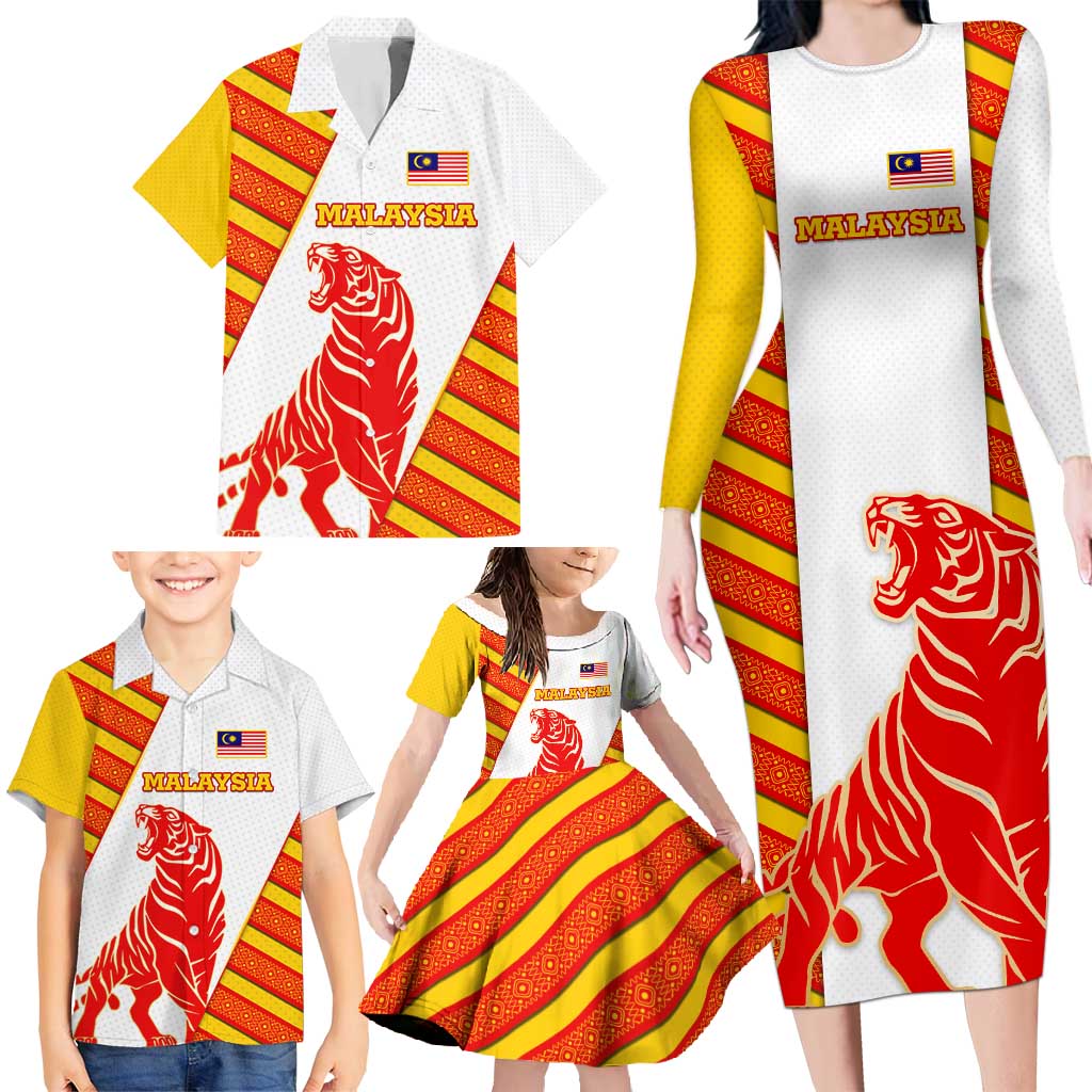 Malaysia National Crest Family Matching Long Sleeve Bodycon Dress and Hawaiian Shirt with Red Tiger and Traditional Batik Yellow White