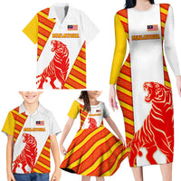 Malaysia National Crest Family Matching Long Sleeve Bodycon Dress and Hawaiian Shirt with Red Tiger and Traditional Batik Yellow White
