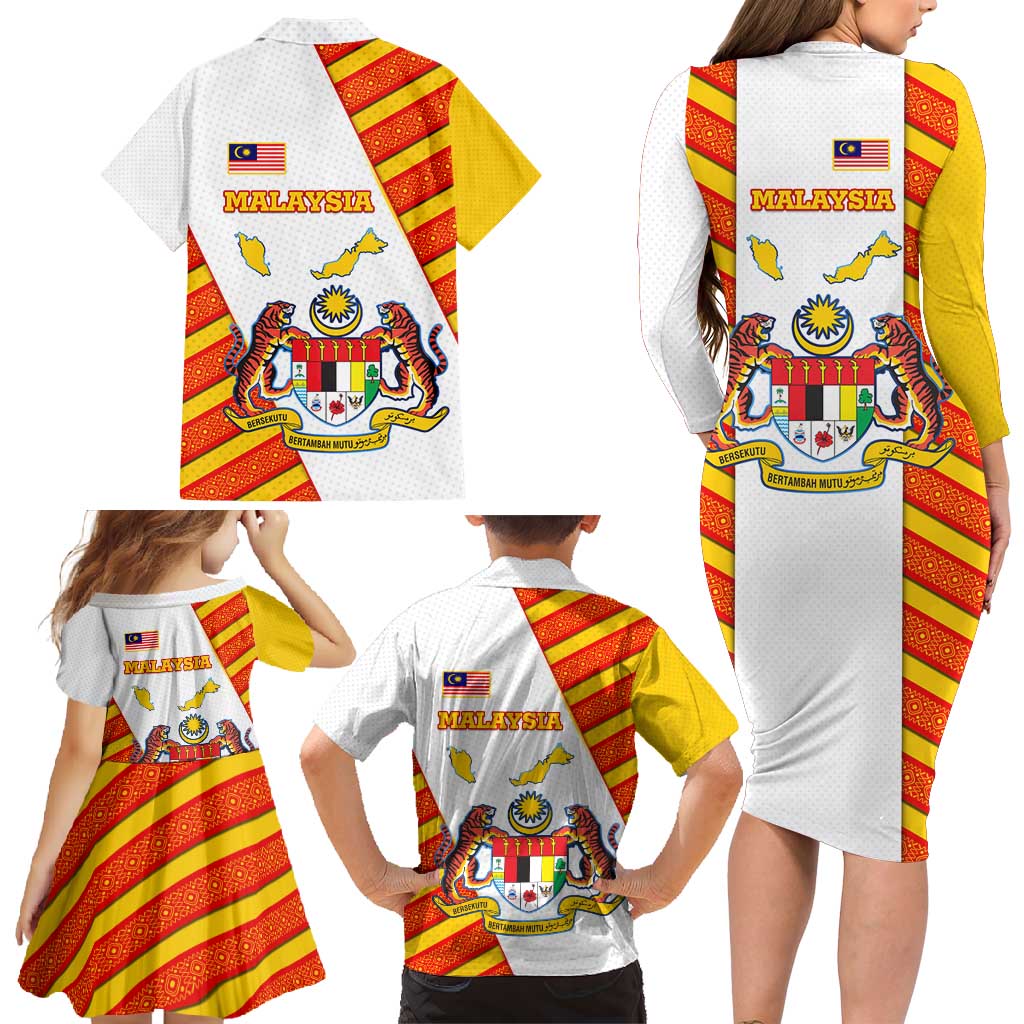 Malaysia National Crest Family Matching Long Sleeve Bodycon Dress and Hawaiian Shirt with Red Tiger and Traditional Batik Yellow White