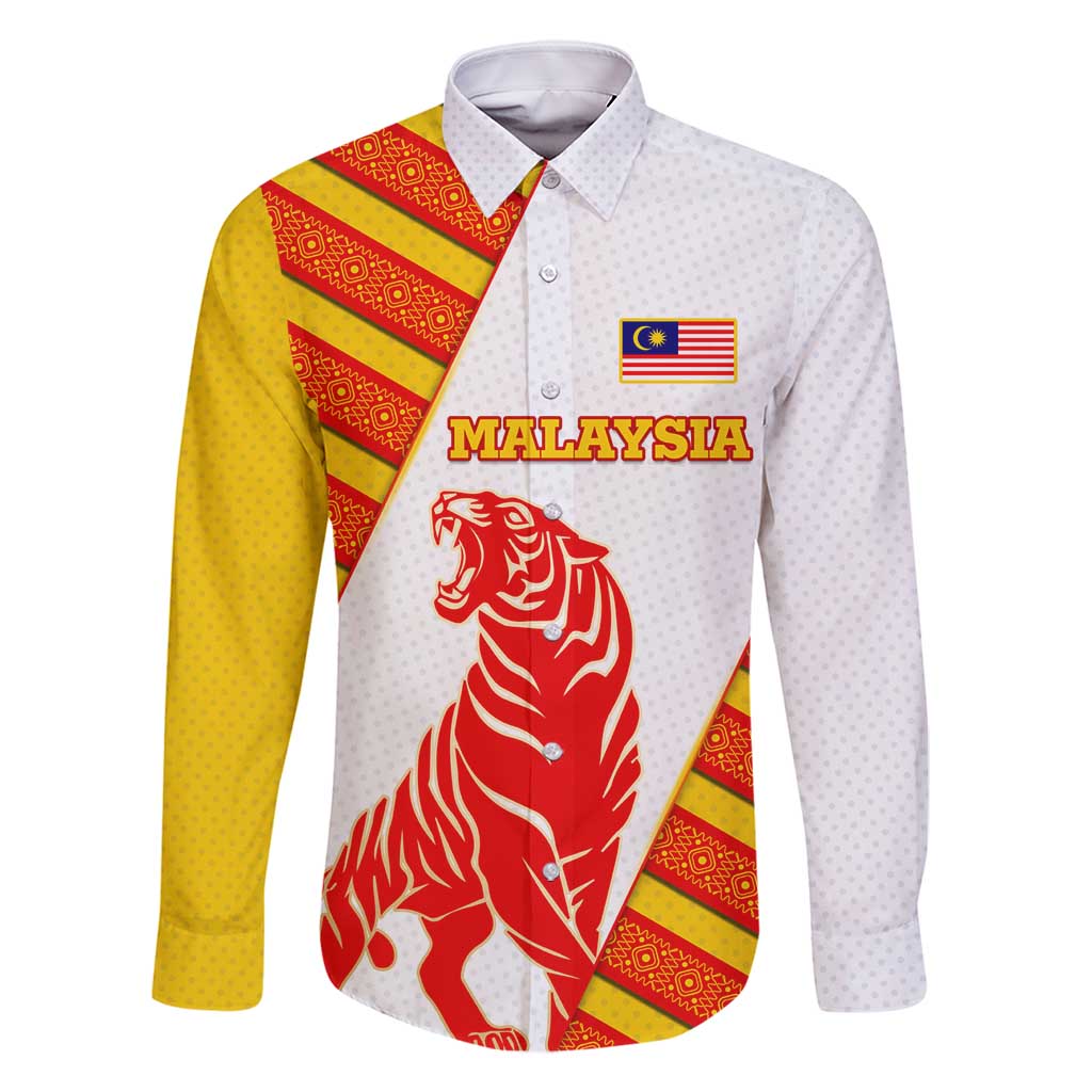 Malaysia National Crest Family Matching Long Sleeve Bodycon Dress and Hawaiian Shirt with Red Tiger and Traditional Batik Yellow White