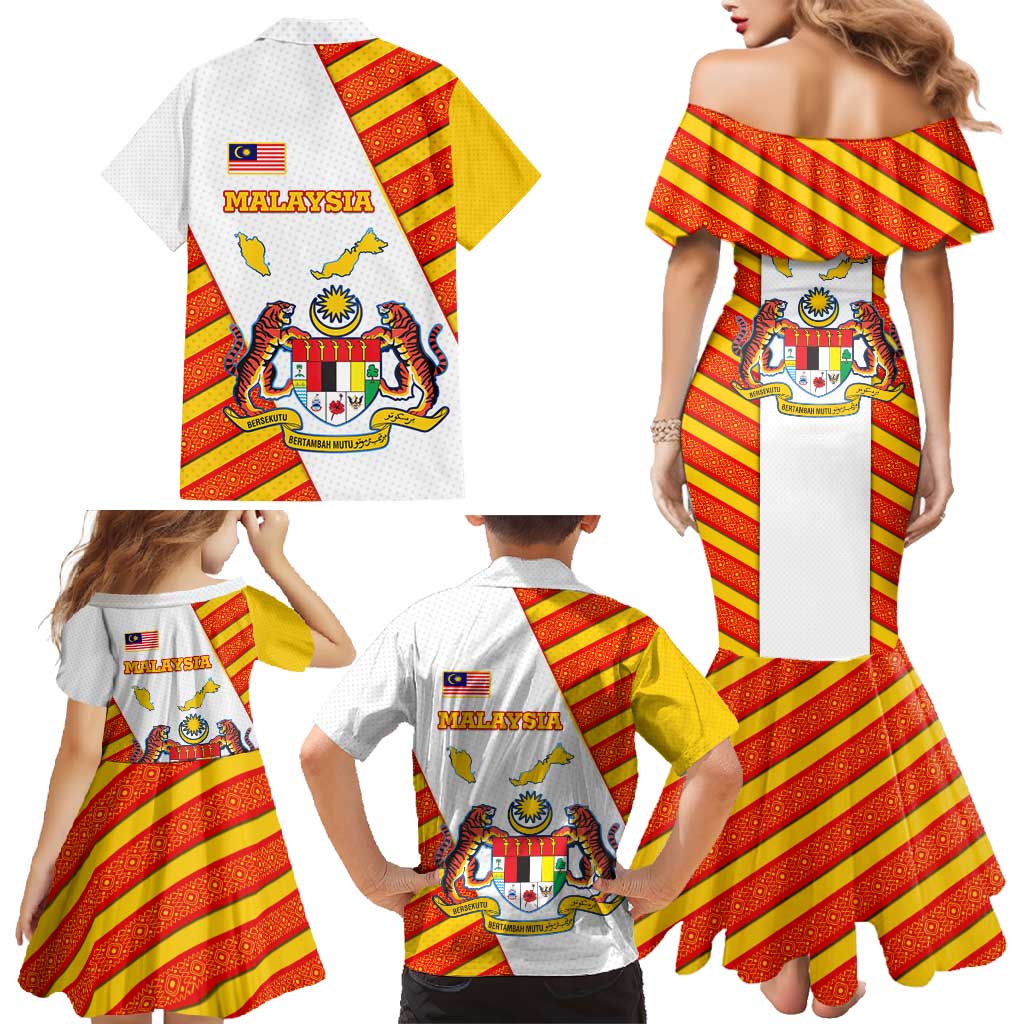 Malaysia National Crest Family Matching Mermaid Dress and Hawaiian Shirt with Red Tiger and Traditional Batik Yellow White