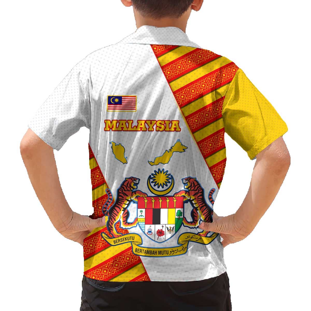 Malaysia National Crest Family Matching Off The Shoulder Long Sleeve Dress and Hawaiian Shirt with Red Tiger and Traditional Batik Yellow White