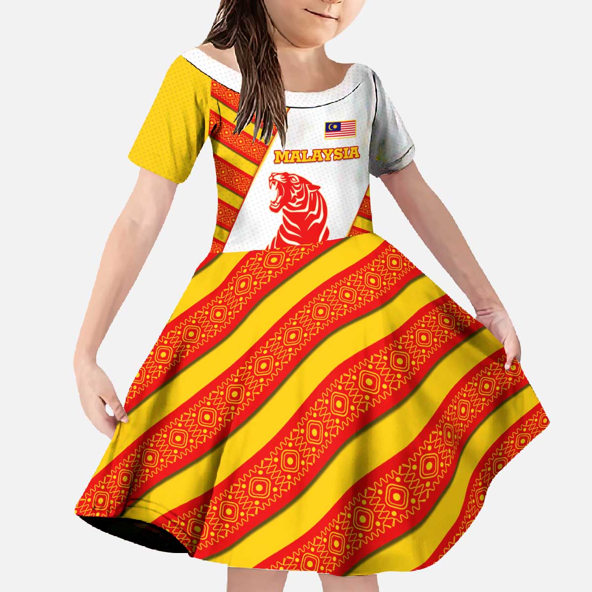 Malaysia National Crest Family Matching Off The Shoulder Long Sleeve Dress and Hawaiian Shirt with Red Tiger and Traditional Batik Yellow White