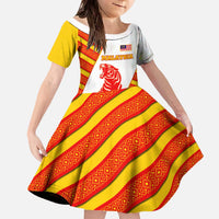 Malaysia National Crest Family Matching Off The Shoulder Long Sleeve Dress and Hawaiian Shirt with Red Tiger and Traditional Batik Yellow White