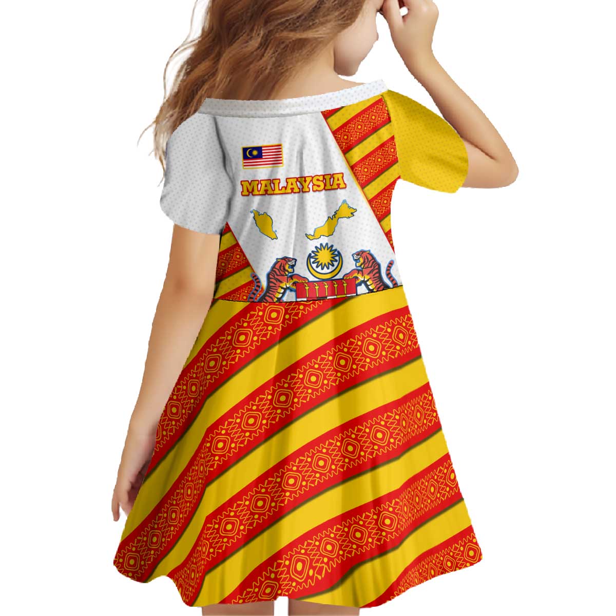 Malaysia National Crest Family Matching Off The Shoulder Long Sleeve Dress and Hawaiian Shirt with Red Tiger and Traditional Batik Yellow White