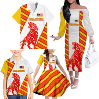 Malaysia National Crest Family Matching Off The Shoulder Long Sleeve Dress and Hawaiian Shirt with Red Tiger and Traditional Batik Yellow White