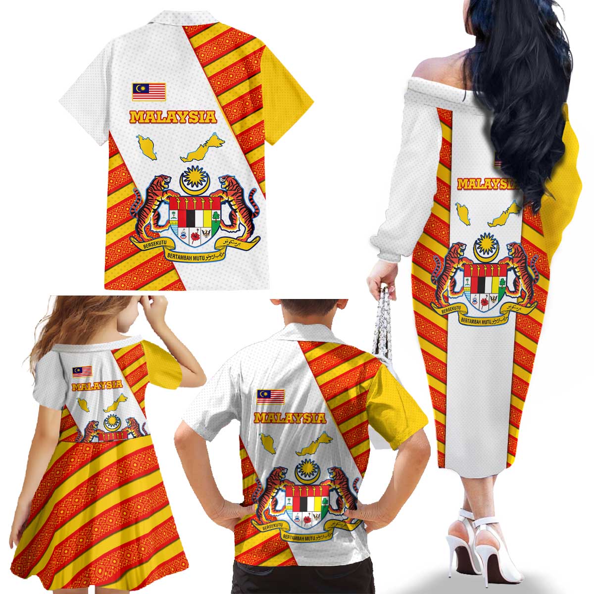 Malaysia National Crest Family Matching Off The Shoulder Long Sleeve Dress and Hawaiian Shirt with Red Tiger and Traditional Batik Yellow White