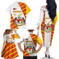 Malaysia National Crest Family Matching Off The Shoulder Long Sleeve Dress and Hawaiian Shirt with Red Tiger and Traditional Batik Yellow White