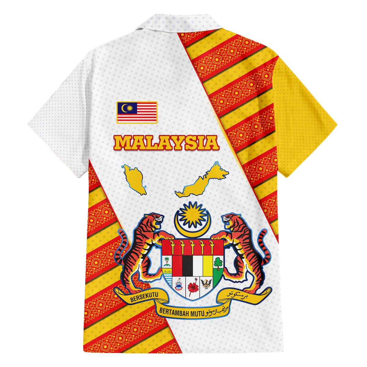 Malaysia National Crest Family Matching Off The Shoulder Long Sleeve Dress and Hawaiian Shirt with Red Tiger and Traditional Batik Yellow White