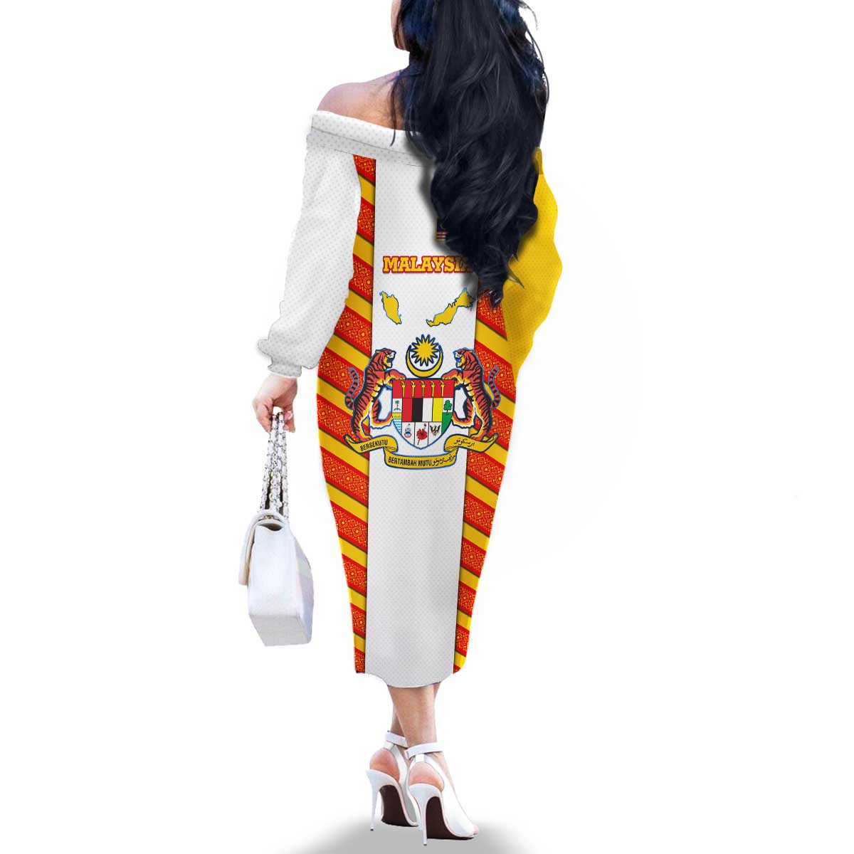 Malaysia National Crest Family Matching Off The Shoulder Long Sleeve Dress and Hawaiian Shirt with Red Tiger and Traditional Batik Yellow White