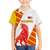 Malaysia National Crest Family Matching Off The Shoulder Long Sleeve Dress and Hawaiian Shirt with Red Tiger and Traditional Batik Yellow White
