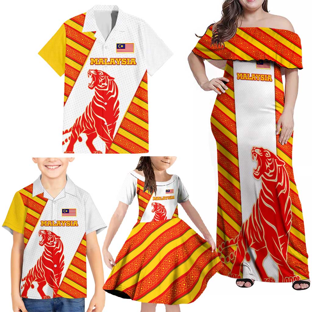 Malaysia National Crest Family Matching Off Shoulder Maxi Dress and Hawaiian Shirt with Red Tiger and Traditional Batik Yellow White