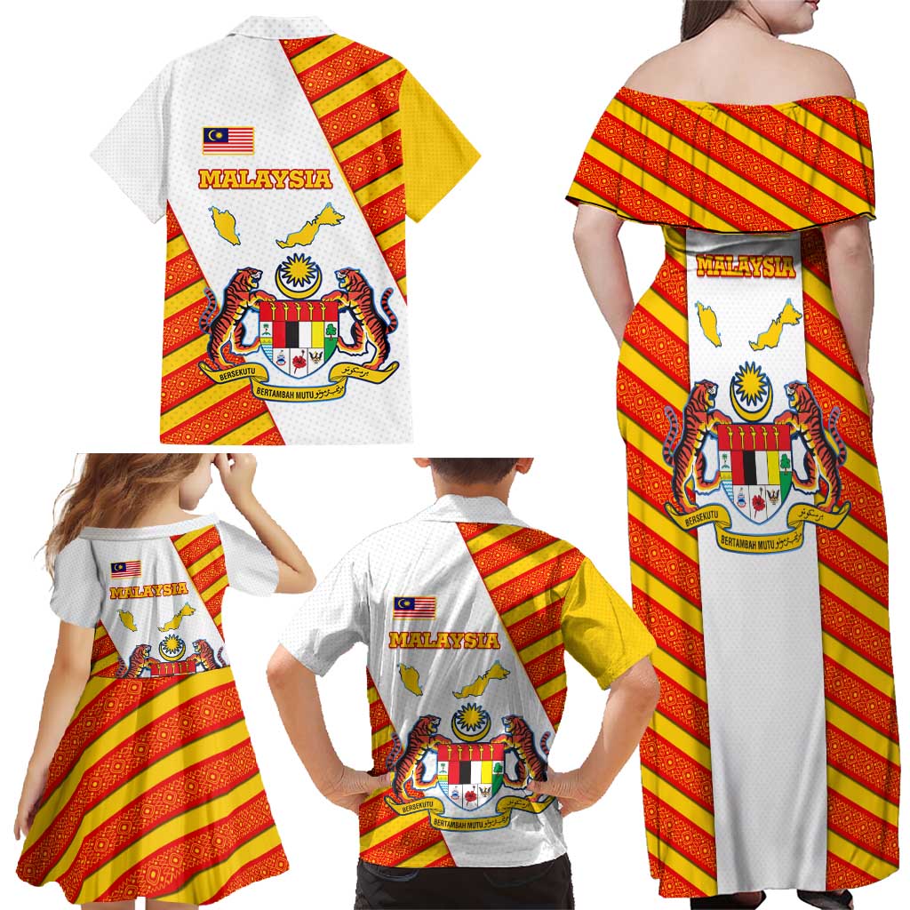 Malaysia National Crest Family Matching Off Shoulder Maxi Dress and Hawaiian Shirt with Red Tiger and Traditional Batik Yellow White