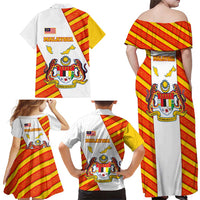 Malaysia National Crest Family Matching Off Shoulder Maxi Dress and Hawaiian Shirt with Red Tiger and Traditional Batik Yellow White