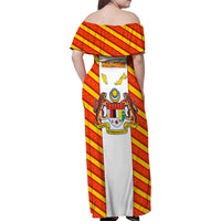 Malaysia National Crest Family Matching Off Shoulder Maxi Dress and Hawaiian Shirt with Red Tiger and Traditional Batik Yellow White