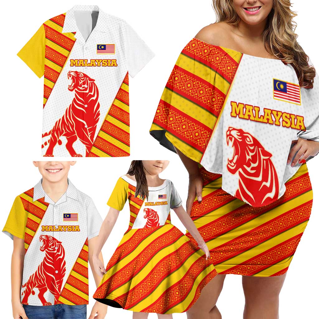 Malaysia National Crest Family Matching Off Shoulder Short Dress and Hawaiian Shirt with Red Tiger and Traditional Batik Yellow White