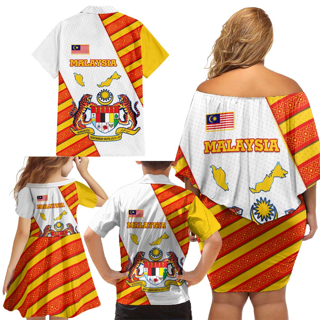 Malaysia National Crest Family Matching Off Shoulder Short Dress and Hawaiian Shirt with Red Tiger and Traditional Batik Yellow White