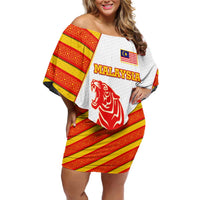 Malaysia National Crest Family Matching Off Shoulder Short Dress and Hawaiian Shirt with Red Tiger and Traditional Batik Yellow White