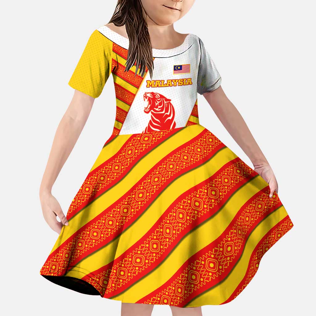 Malaysia National Crest Family Matching Puletasi and Hawaiian Shirt with Red Tiger and Traditional Batik Yellow White