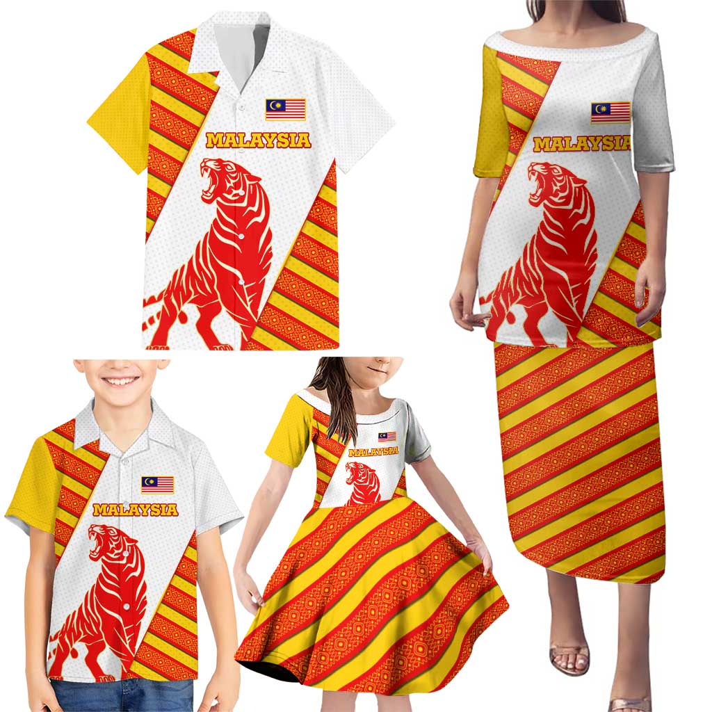 Malaysia National Crest Family Matching Puletasi and Hawaiian Shirt with Red Tiger and Traditional Batik Yellow White