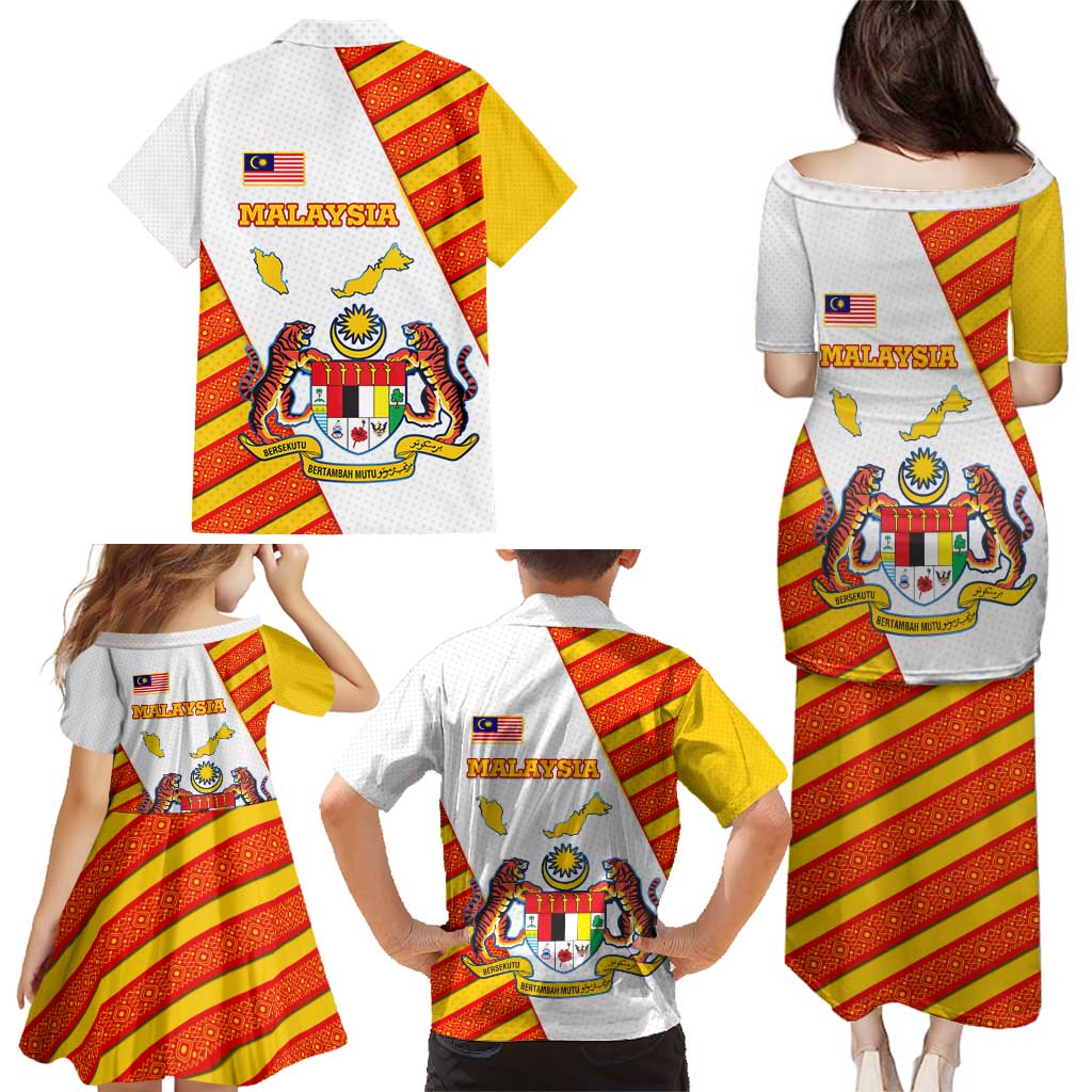 Malaysia National Crest Family Matching Puletasi and Hawaiian Shirt with Red Tiger and Traditional Batik Yellow White