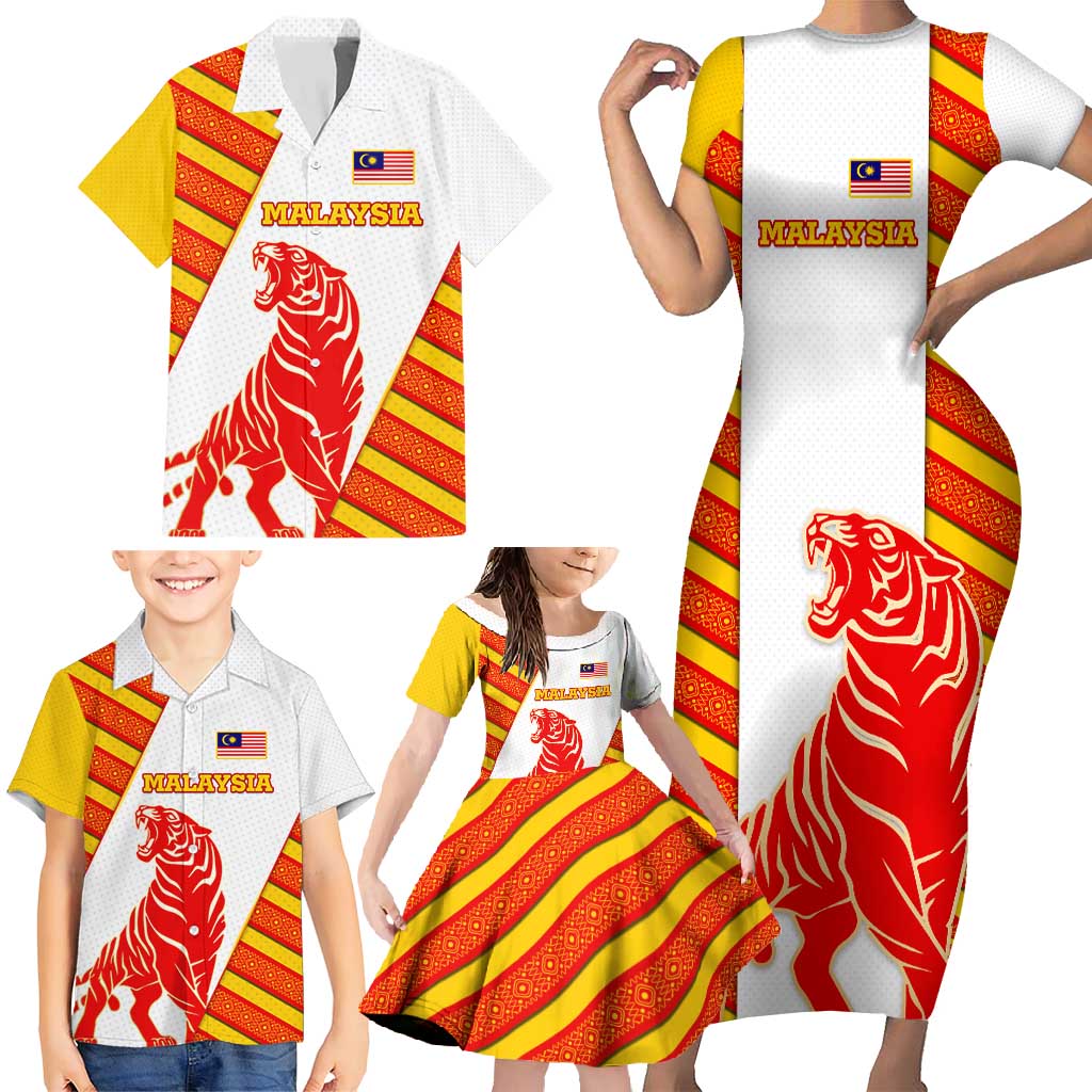 Malaysia National Crest Family Matching Short Sleeve Bodycon Dress and Hawaiian Shirt with Red Tiger and Traditional Batik Yellow White