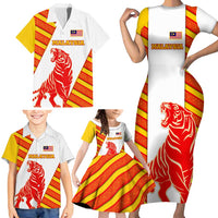 Malaysia National Crest Family Matching Short Sleeve Bodycon Dress and Hawaiian Shirt with Red Tiger and Traditional Batik Yellow White