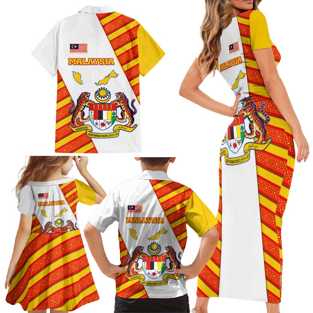 Malaysia National Crest Family Matching Short Sleeve Bodycon Dress and Hawaiian Shirt with Red Tiger and Traditional Batik Yellow White