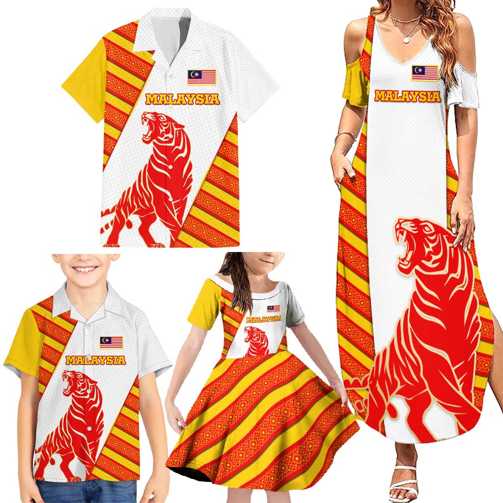 Malaysia National Crest Family Matching Summer Maxi Dress and Hawaiian Shirt with Red Tiger and Traditional Batik Yellow White