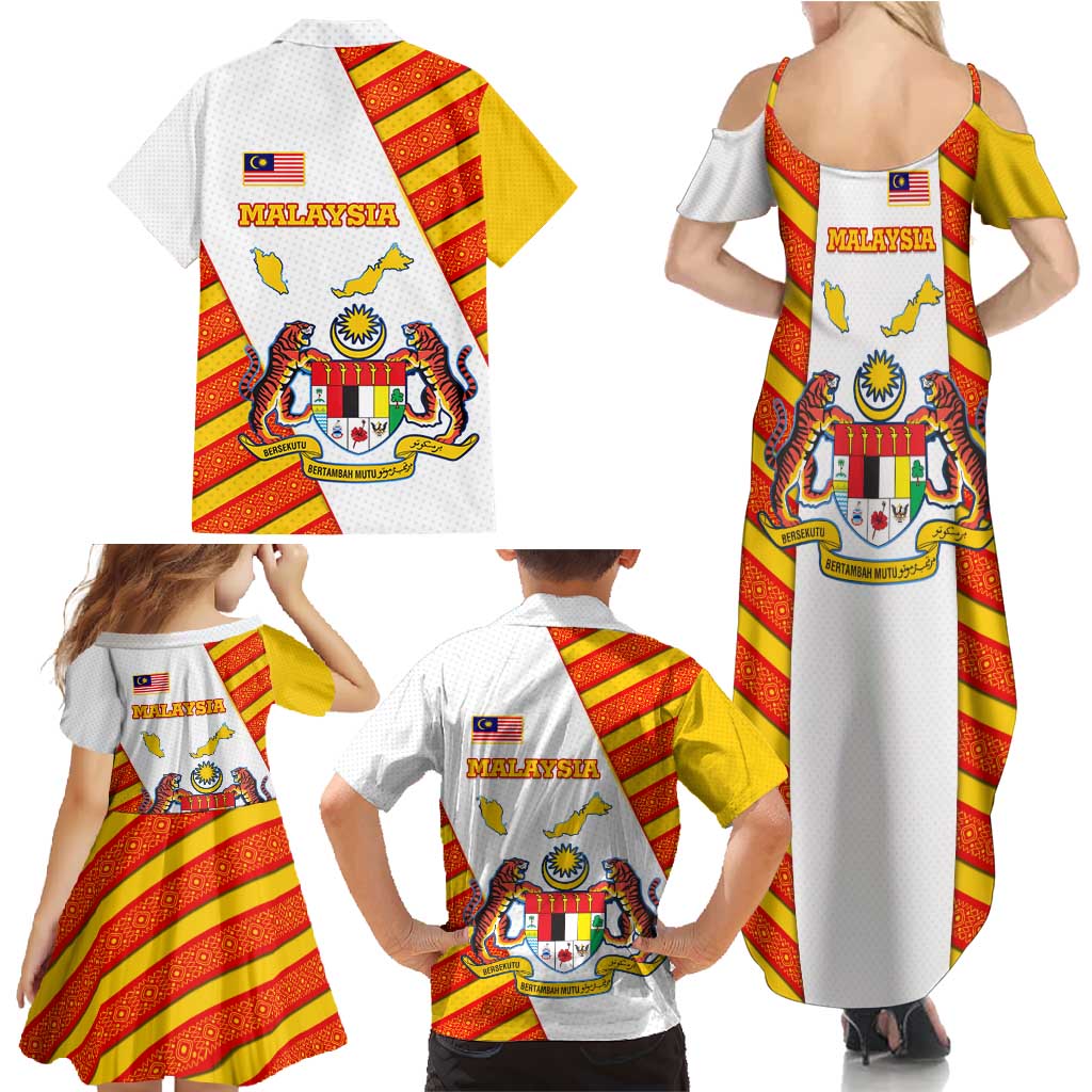 Malaysia National Crest Family Matching Summer Maxi Dress and Hawaiian Shirt with Red Tiger and Traditional Batik Yellow White