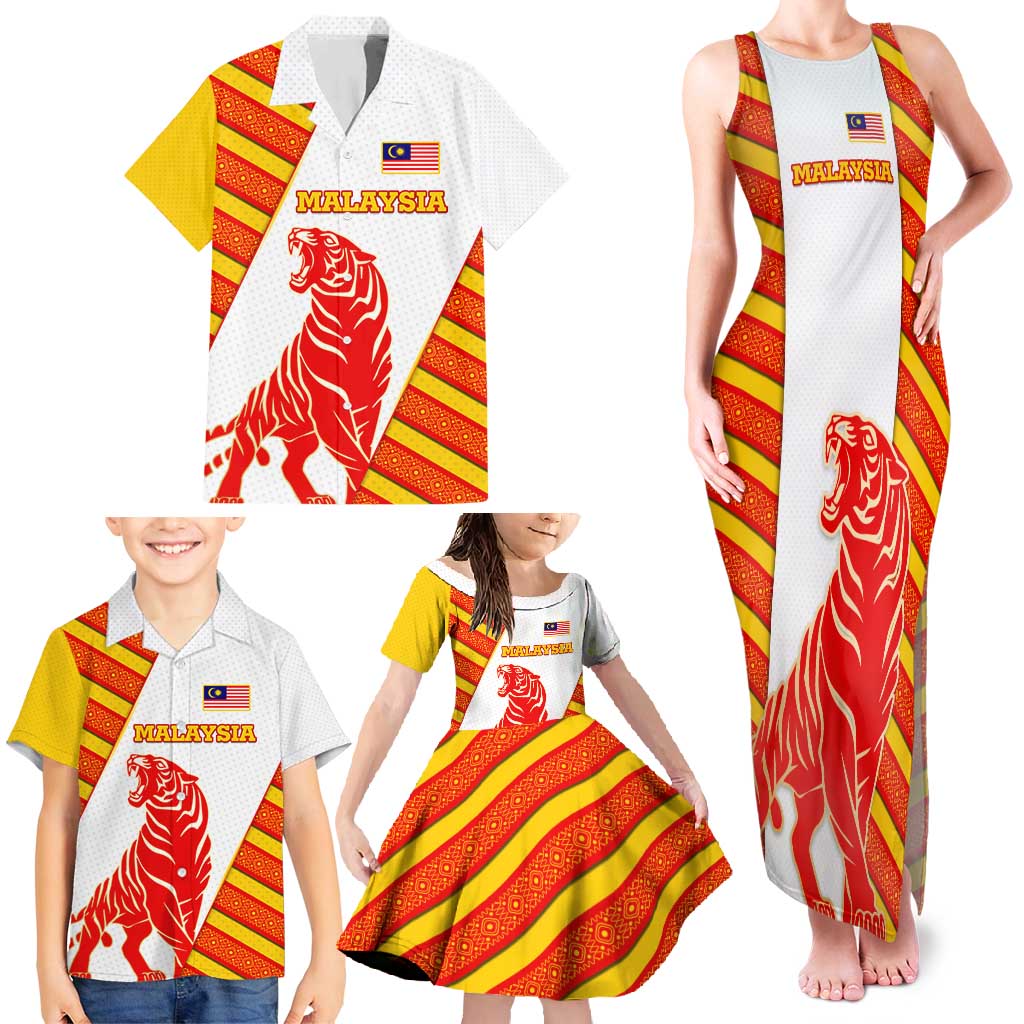 Malaysia National Crest Family Matching Tank Maxi Dress and Hawaiian Shirt with Red Tiger and Traditional Batik Yellow White