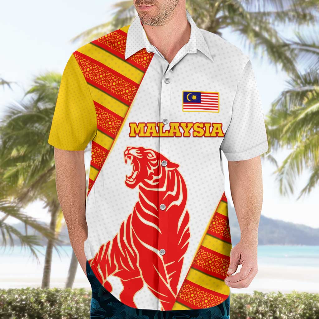Malaysia National Crest Hawaiian Shirt with Red Tiger and Traditional Batik Yellow White