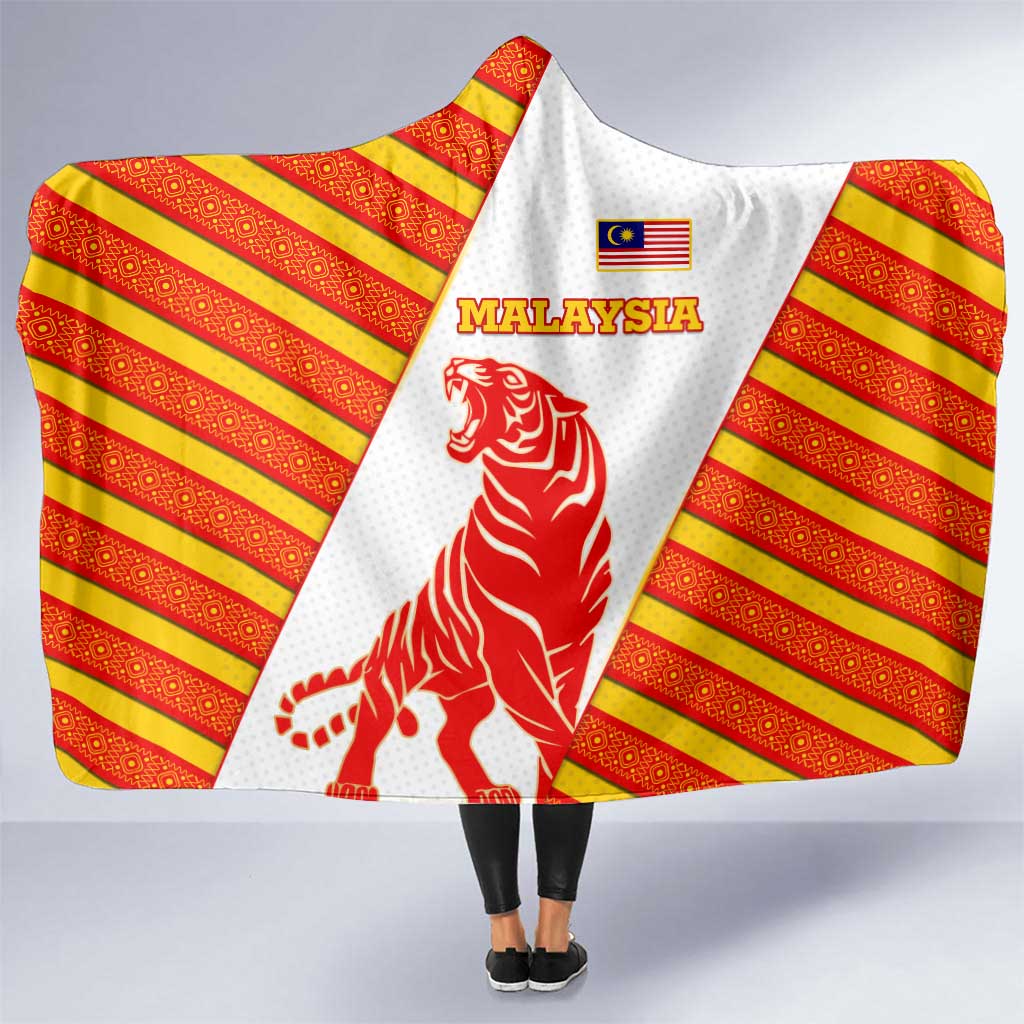 Malaysia National Crest Hooded Blanket with Red Tiger and Traditional Batik Yellow White