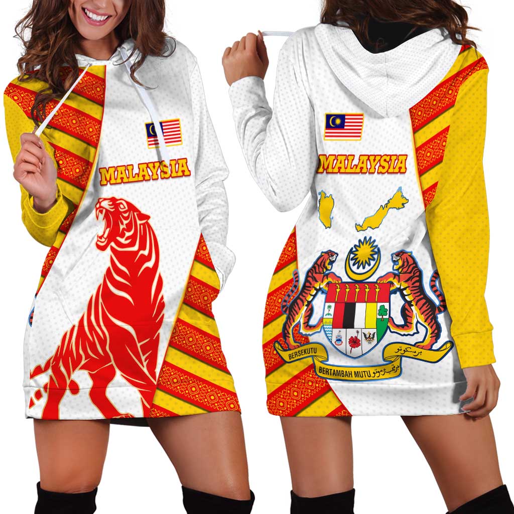 Malaysia National Crest Hoodie Dress with Red Tiger and Traditional Batik Yellow White