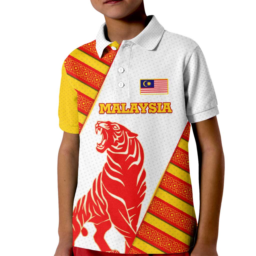 Malaysia National Crest Kid Polo Shirt with Red Tiger and Traditional Batik Yellow White