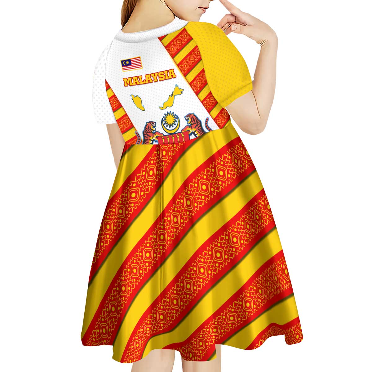Malaysia National Crest Kid Short Sleeve Dress with Red Tiger and Traditional Batik Yellow White