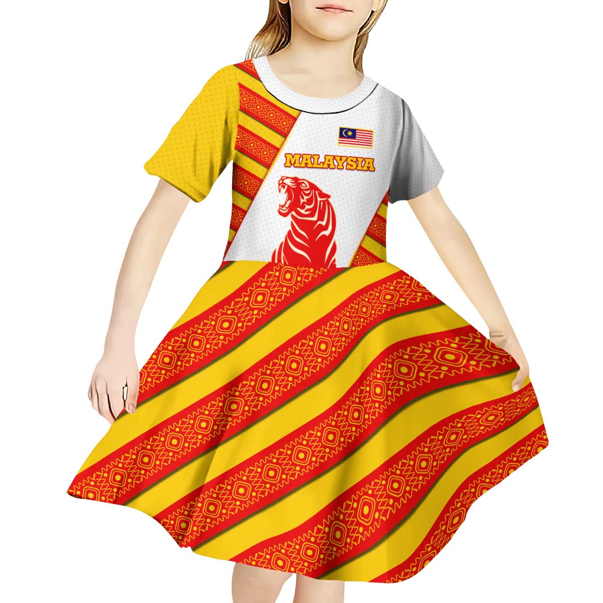 Malaysia National Crest Kid Short Sleeve Dress with Red Tiger and Traditional Batik Yellow White