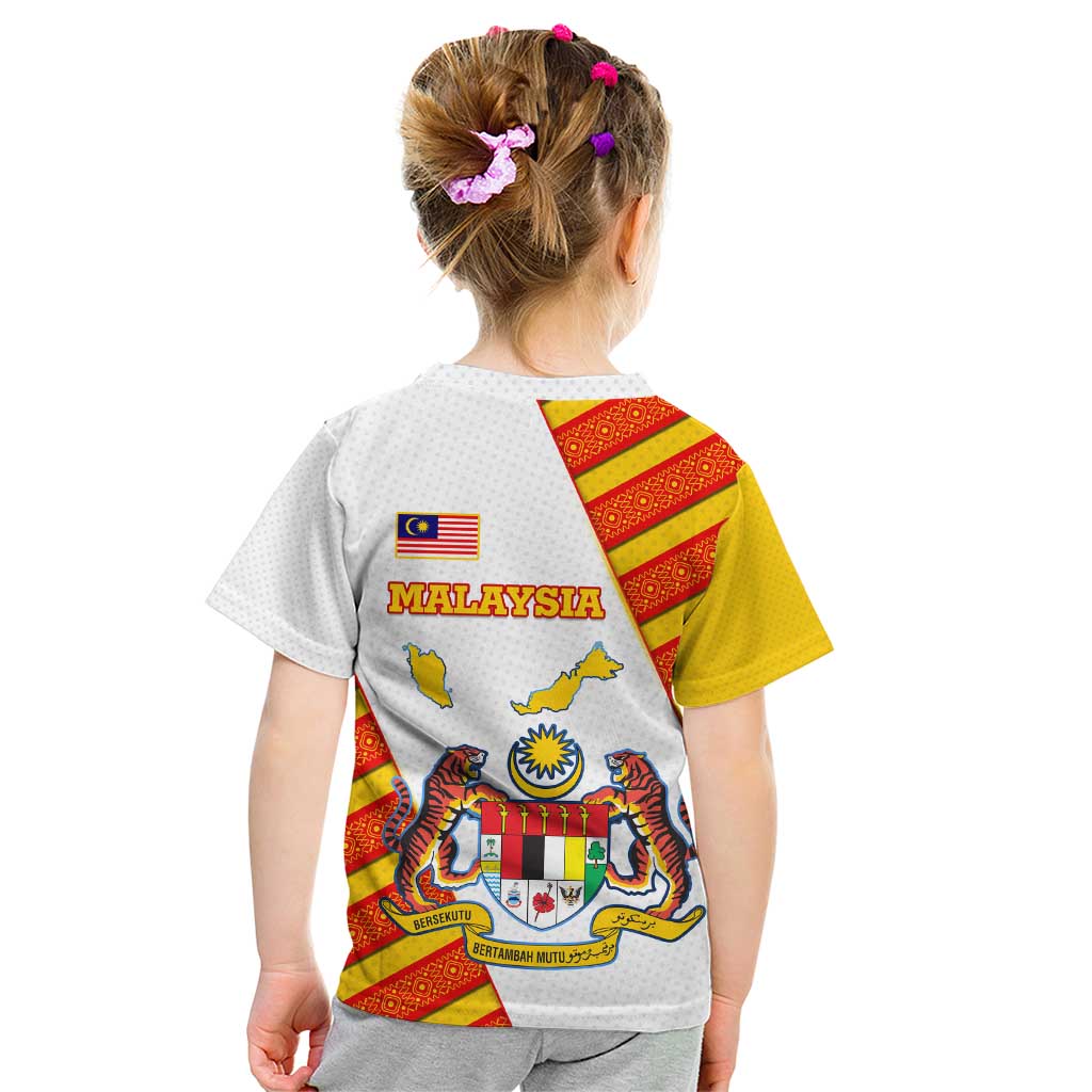 Malaysia National Crest Kid T Shirt with Red Tiger and Traditional Batik Yellow White