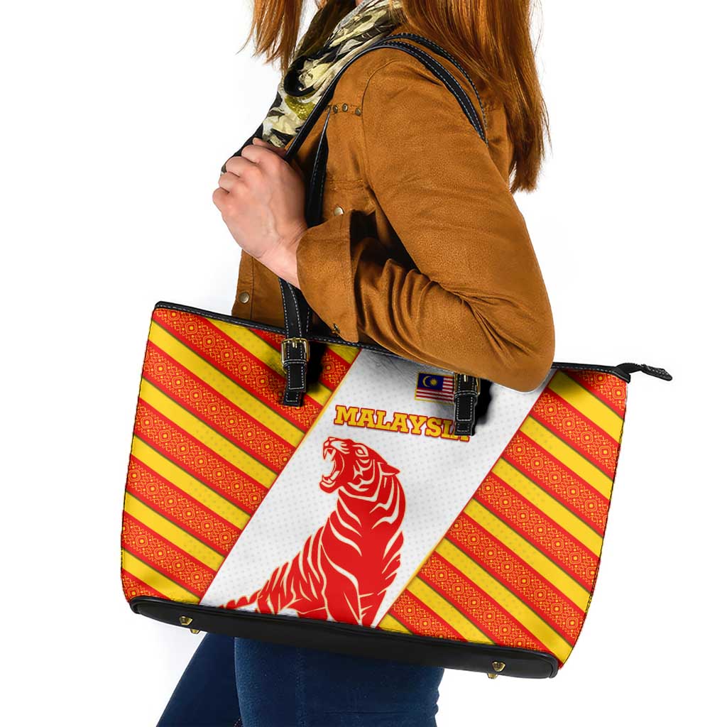 Malaysia National Crest Leather Tote Bag with Red Tiger and Traditional Batik Yellow White