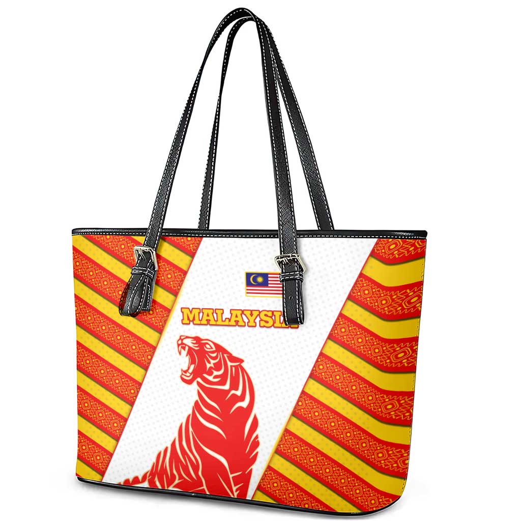 Malaysia National Crest Leather Tote Bag with Red Tiger and Traditional Batik Yellow White