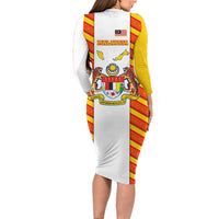 Malaysia National Crest Long Sleeve Bodycon Dress with Red Tiger and Traditional Batik Yellow White
